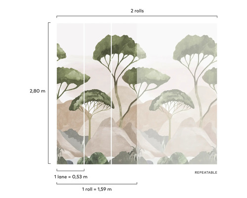 Tapete mit Baumdesign und Größenangaben für zwei Rollen
