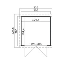 Grundrisszeichnung eines Gartenhauses mit Maßangaben.