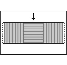 Représentation d''un système de porte coulissante avec des lamelles verticales et horizontales et une flèche vers le bas.