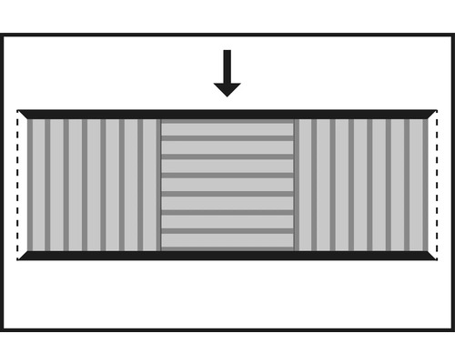 Représentation d''un système de porte coulissante avec des lamelles verticales et horizontales et une flèche vers le bas.