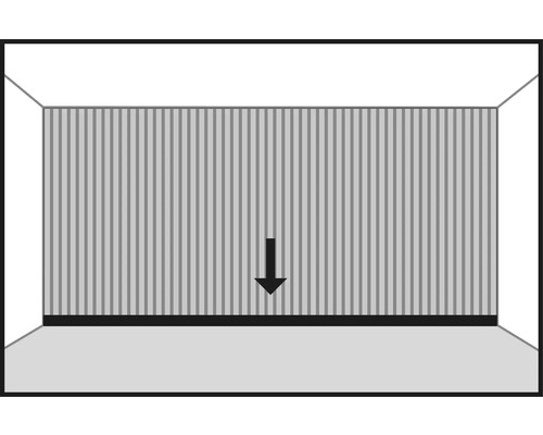 Représentation d''une pièce avec un mur à rayures verticales et une flèche vers le bas