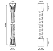 Dessin technique d''un tube d''extension de siphon avec des dimensions de 1500 mm de long et un raccord G1/2