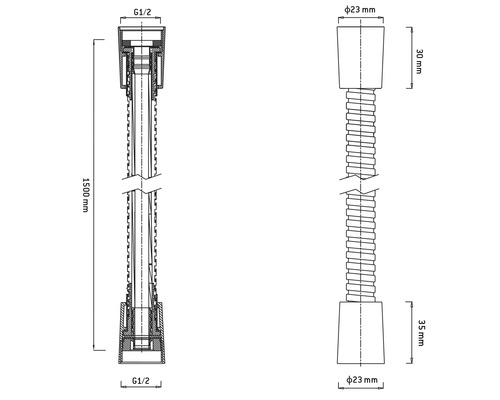 Dessin technique d''un tube d''extension de siphon avec des dimensions de 1500 mm de long et un raccord G1/2
