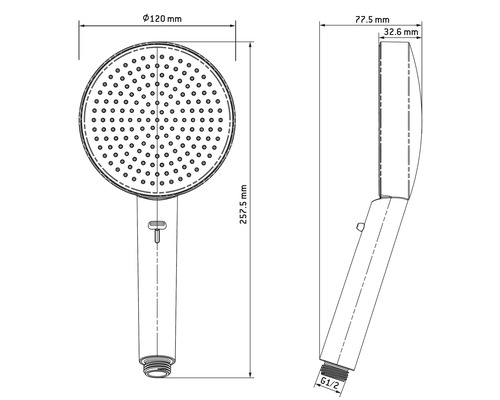 Technische Zeichnung eines Duschkopfs mit Maßangaben