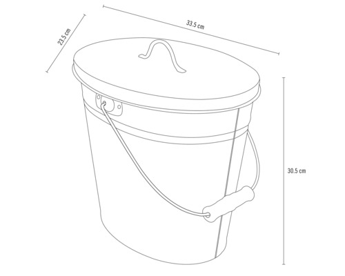 Schéma d''un seau métallique avec couvercle et indication des dimensions.