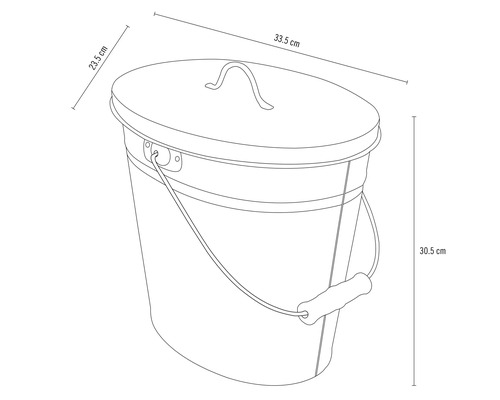 Schéma d''un seau métallique avec couvercle et dimensions de 33,5 cm de largeur, 23,5 cm de profondeur et 30,5 cm de hauteur