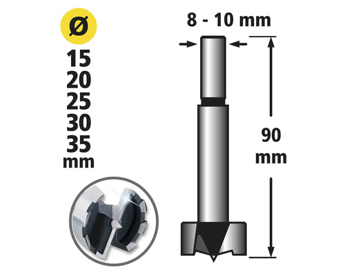 Technische Zeichnung eines Forstnerbohrers mit Maßangaben