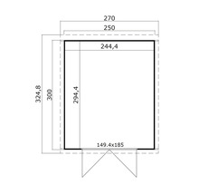 Grundrisszeichnung eines Gartenhauses mit Maßangaben.