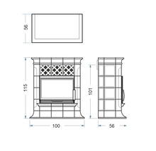 Technische Zeichnung eines Ofens mit Maßangaben