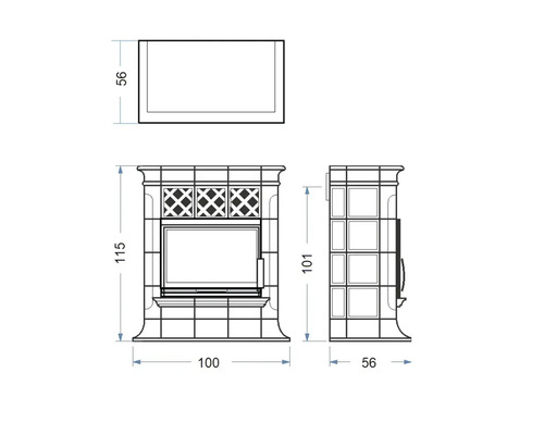 Technische Zeichnung eines Ofens mit Maßangaben