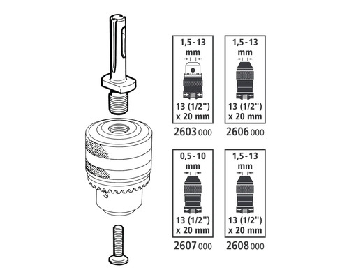Bohrfutter mit Aufsatz und Schraube sowie schematische Darstellungen verschiedener Größen