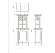 Technische Zeichnung eines Kaminofens mit Maßangaben