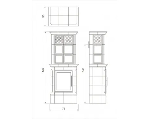 Technische Zeichnung eines Kaminofens mit Maßangaben