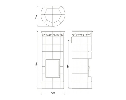 Dessin technique d'un poêle avec dimensions