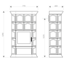 Technische Zeichnung eines Kaminofens mit Maßen.