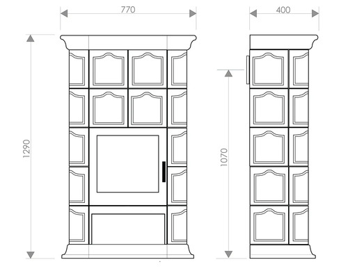Technische Zeichnung eines Kaminofens mit Maßen.