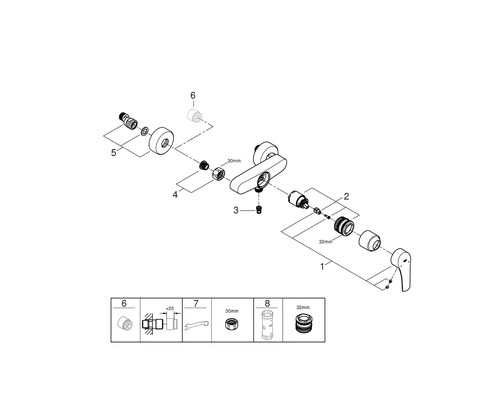 Explosionszeichnung einer Armatur mit Einzelteilen und Maßangaben