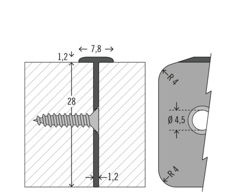 Dessin technique d''un profilé en T avec vis et trou