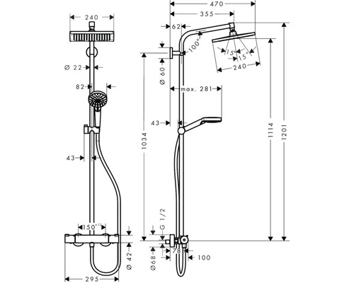 Schéma technique d''un système de douche avec dimensions