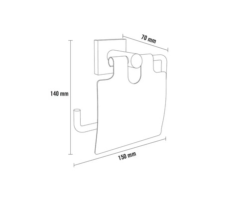 Abmessungen eines Toilettenpapierhalters: 140 mm Höhe, 150 mm Breite und 70 mm Tiefe.
