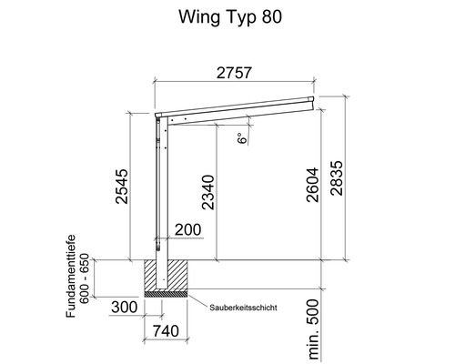 Technische Zeichnung einer Überdachung vom Typ Wing 80 mit Maßangaben