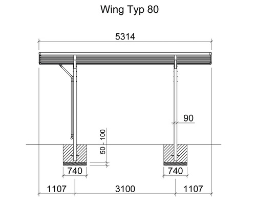 Dessin technique d'un carport type 80 avec indications de dimension