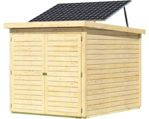 Holzgartenhaus mit Doppeltür und Solaranlage auf dem Dach