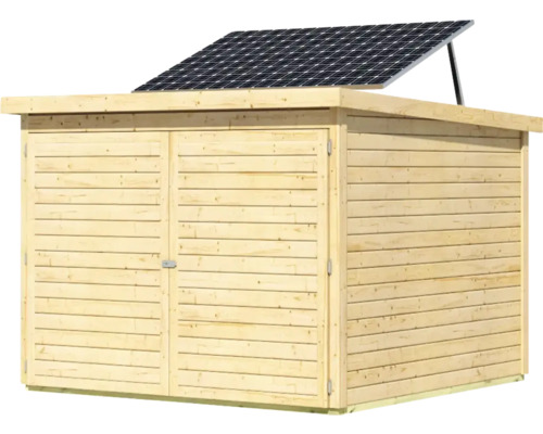 Holzgartenhaus mit Solarmodul auf dem Dach