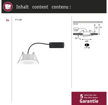Lot de trois spots encastrables avec dessins techniques et informations sur la garantie