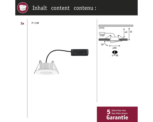 Lot de trois spots encastrables avec dessins techniques et informations sur la garantie