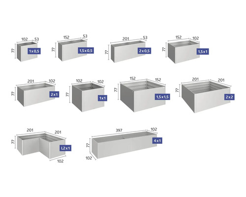Différentes jardinières avec dimensions