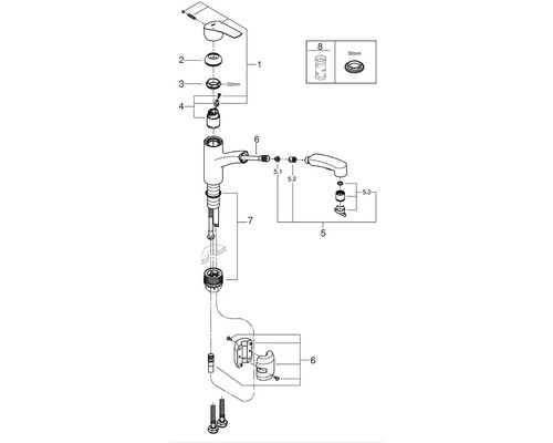 Explosionszeichnung einer Armatur mit Einzelteilen