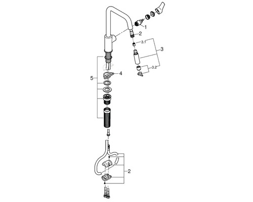 Explosionszeichnung einer Armatur mit Einzelteilen und Montageanleitung