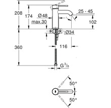 Schéma technique d''un robinet avec indications de mesure