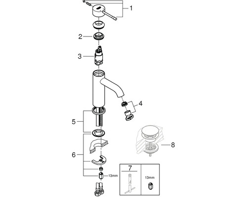 Schéma éclaté d''un mitigeur de lavabo avec pièces numérotées
