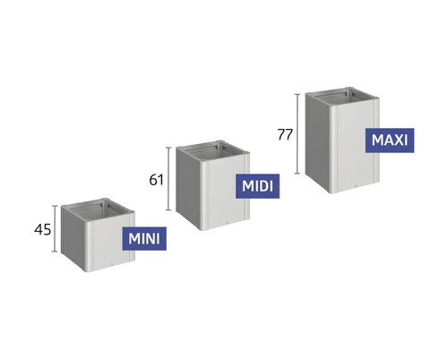 Trois pots de fleurs de tailles Mini, Midi et Maxi avec indication des dimensions