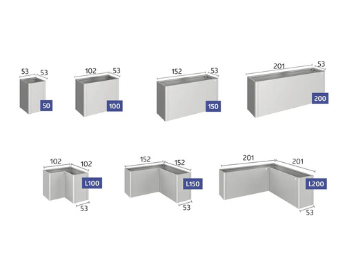 Différentes tailles de jardinières rectangulaires avec dimensions
