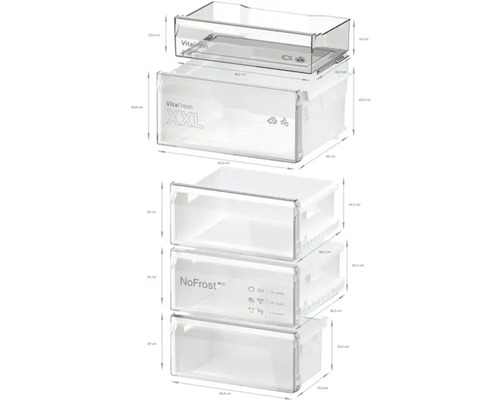 Mehrere Schubladen für einen Kühlschrank mit den Bezeichnungen VitaFresh und NoFrost sowie Größenangaben.
