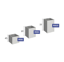 Trois bacs à plantes de tailles Mini, Midi et Maxi avec dimensions.