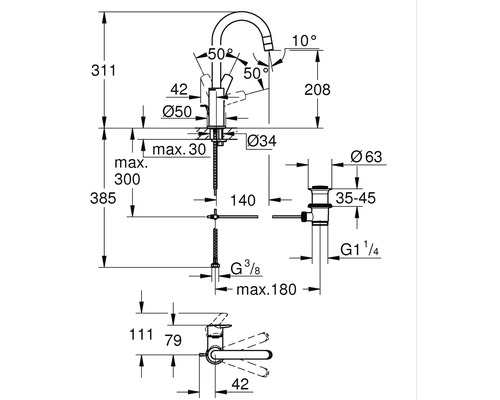 Dessin coté d''un robinet avec différentes indications de dimensions