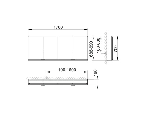 Technische Zeichnung eines Waschtischunterschranks mit Maßangaben.