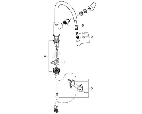 Explosionszeichnung einer Armatur mit Einzelteilen und Nummern.