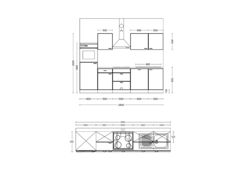 Schéma d'une kitchenette avec dimensions.