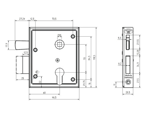 Technische Zeichnung eines Einsteckschlosses mit Maßangaben.