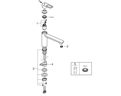 Explosionszeichnung einer Armatur mit Einzelteilen
