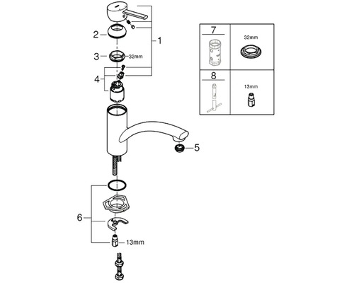 Schéma éclaté d''un robinet avec pièces détachées numérotées