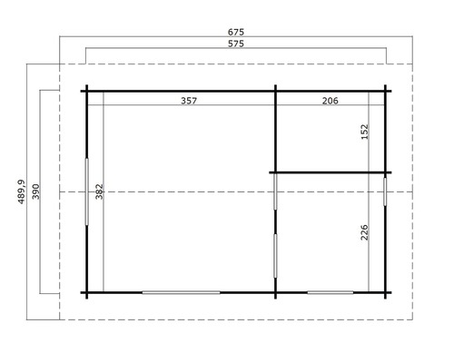 Grundrisszeichnung eines Gartenhauses mit Maßangaben