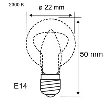 Abbildung einer E14 Glühbirne mit den Maßen 22 mm Durchmesser und 50 mm Höhe bei 2300 Kelvin.