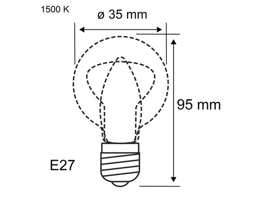 Abmessungen einer E27-Glühbirne: 35 Millimeter Durchmesser und 95 Millimeter Länge.