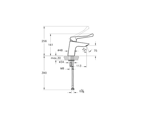 Technische Zeichnung einer Armatur mit Maßangaben